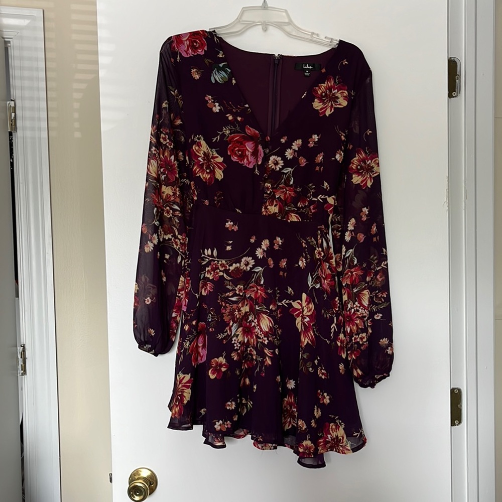 Lulu's Plum Floral Mini Dress - Burgundy with Red & Cream Flowers